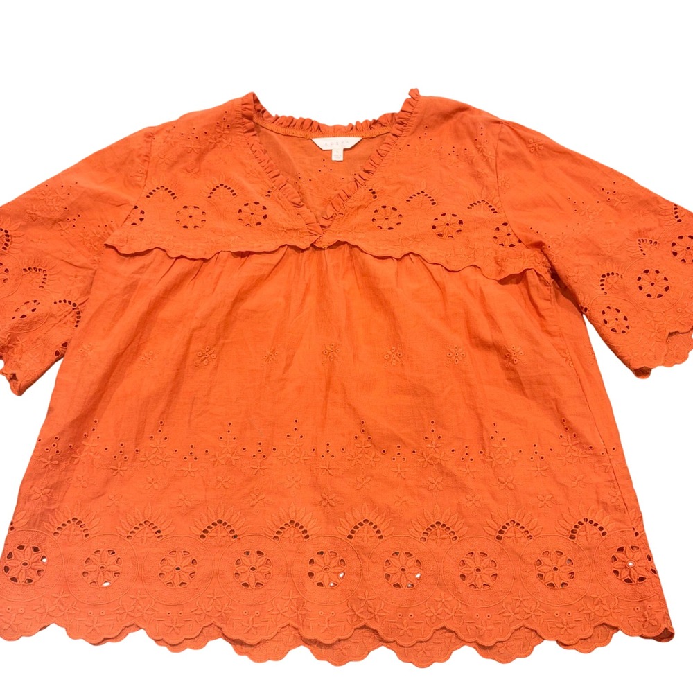 Eyelet Embroidered Boho Blouse Ruffle V-Neck Women Large Orange Adiva